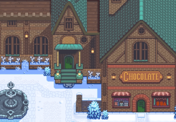 Haunted Chocolatier screenshot of the chocolate shop in a snowy town