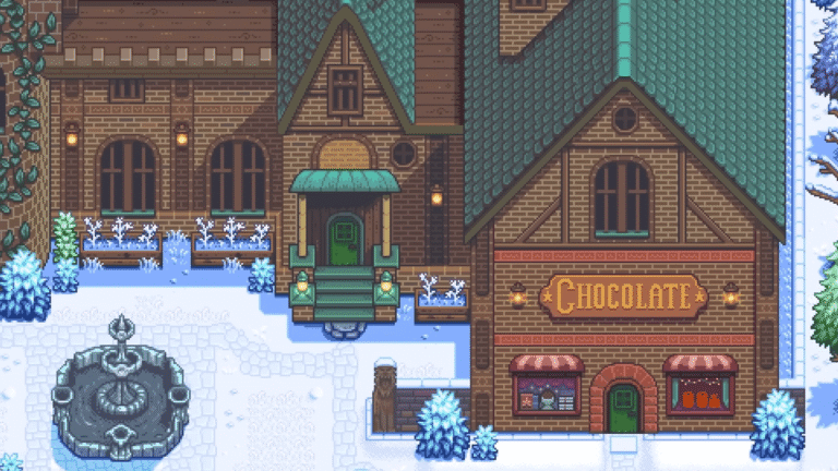 Haunted Chocolatier screenshot of the chocolate shop in a snowy town