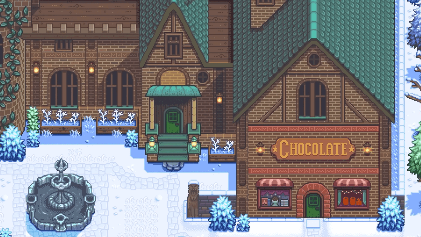Haunted Chocolatier screenshot of the chocolate shop in a snowy town